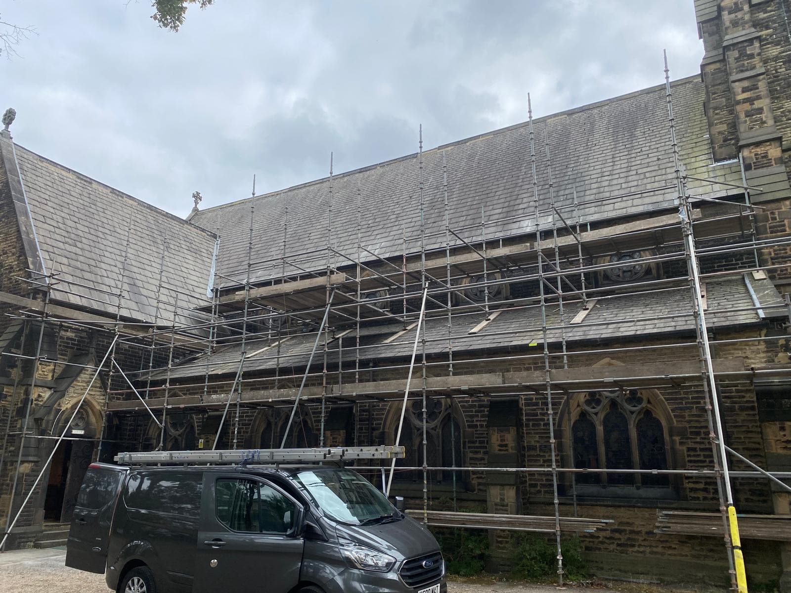 Church roof repair scaffolding